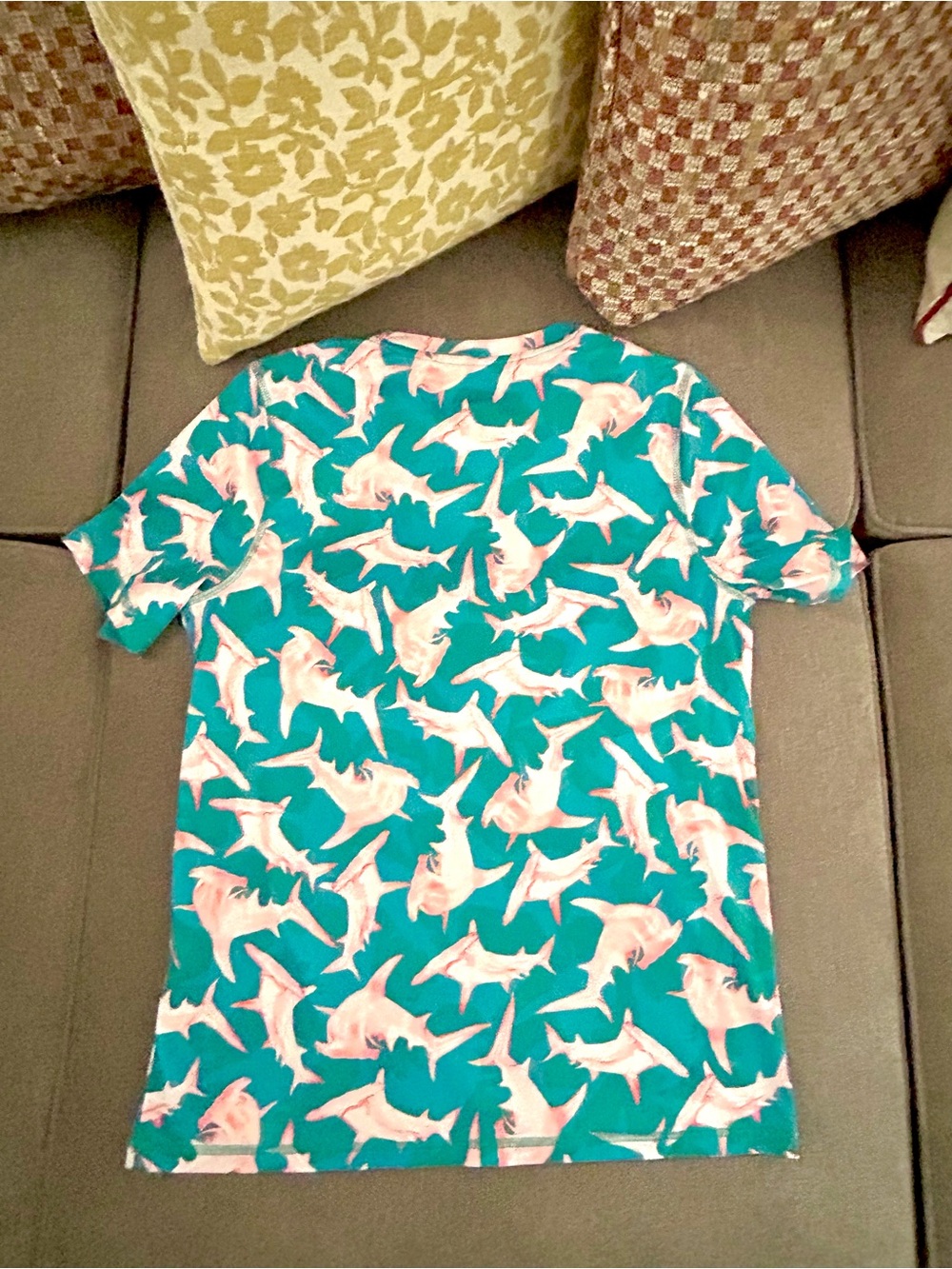 Reel Legends Teal Short Sleeve Shirt with Pink Shark Print